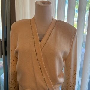 St. John Collection Beige V-Neck Sweater with Gold Accents